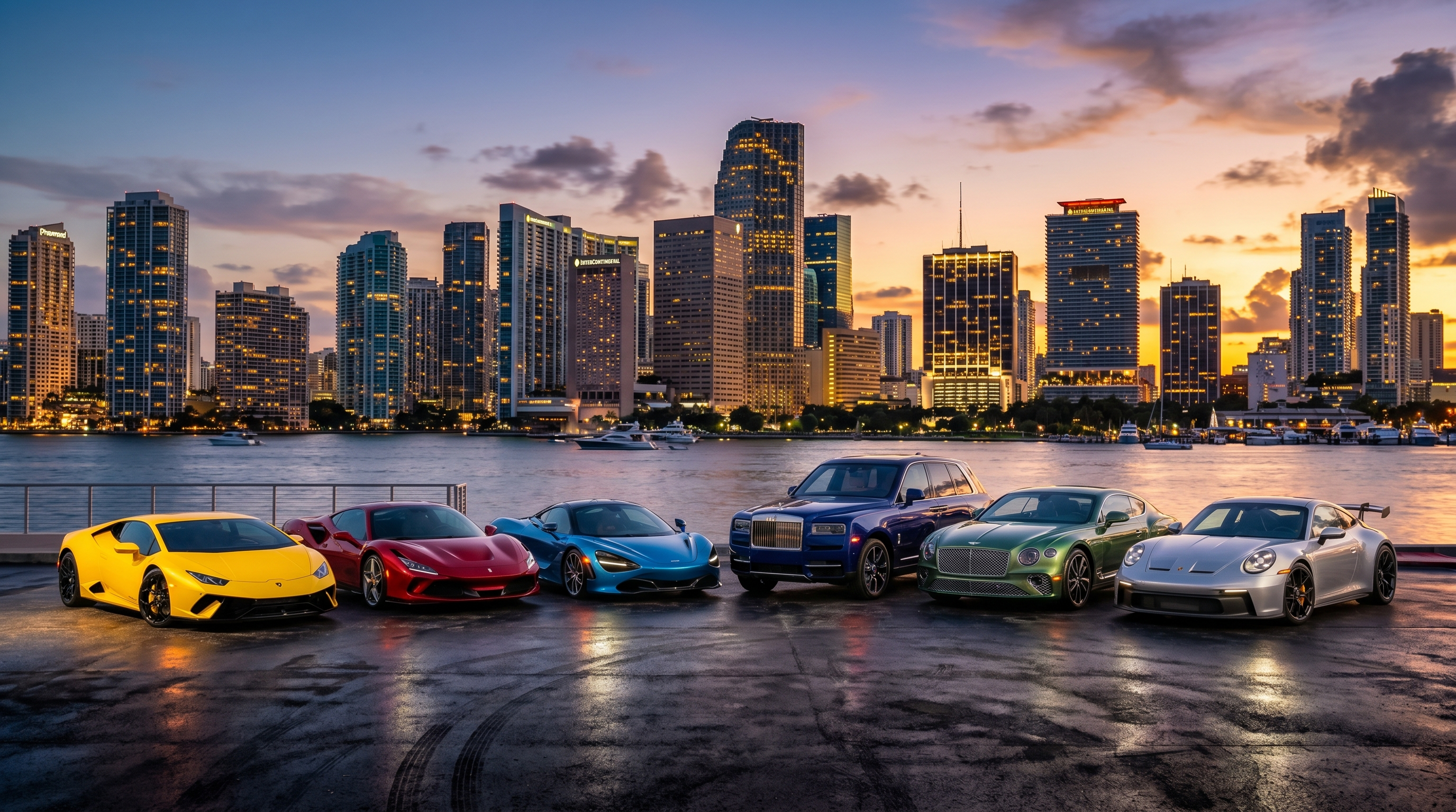 Six exotic supercars — Lamborghini Huracan, Ferrari F8, McLaren 720S, Rolls-Royce Cullinan, Bentley Continental GT, and Porsche 911 — lined up side by side in front of Miami skyline at sunset, showroom lighting, dramatic low angle