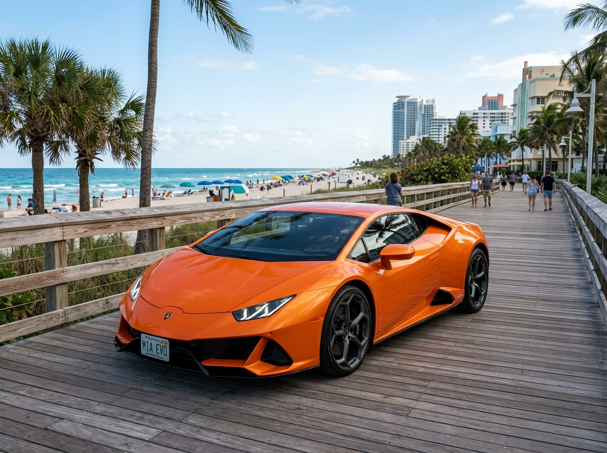 2021 Lamborghini Huracan EVO supercar in Arancio Borealis orange parked on Miami Beach boardwalk