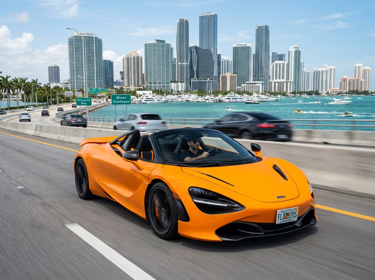 2021 McLaren 720S Spider open-top convertible supercar in papaya spark orange on Miami causeway