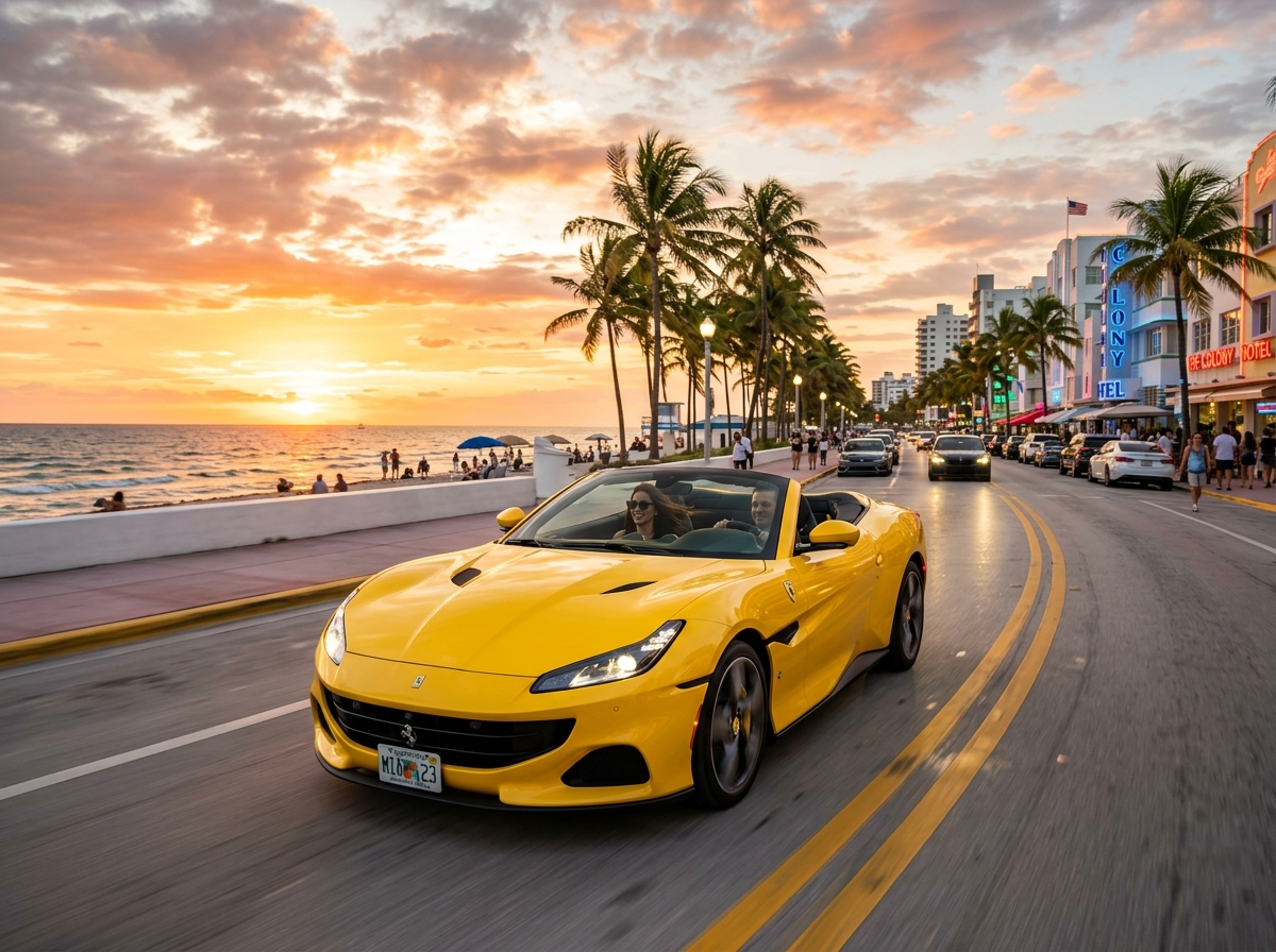 2023 Ferrari Portofino M convertible in Giallo Modena yellow open-top driving along South Beach Miami at sunset
