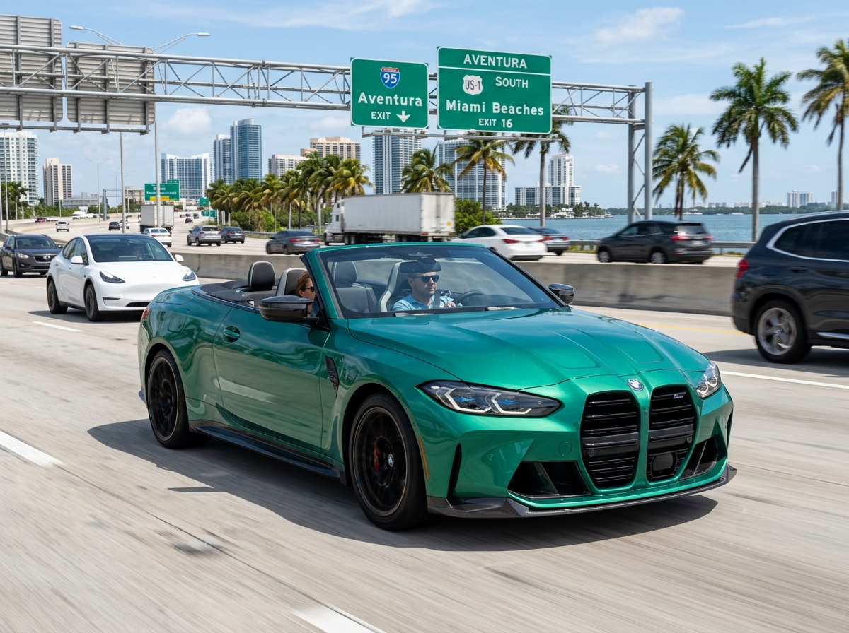 2024 BMW M4 Competition Convertible in Isle of Man Green open top sports car on Miami Aventura highway