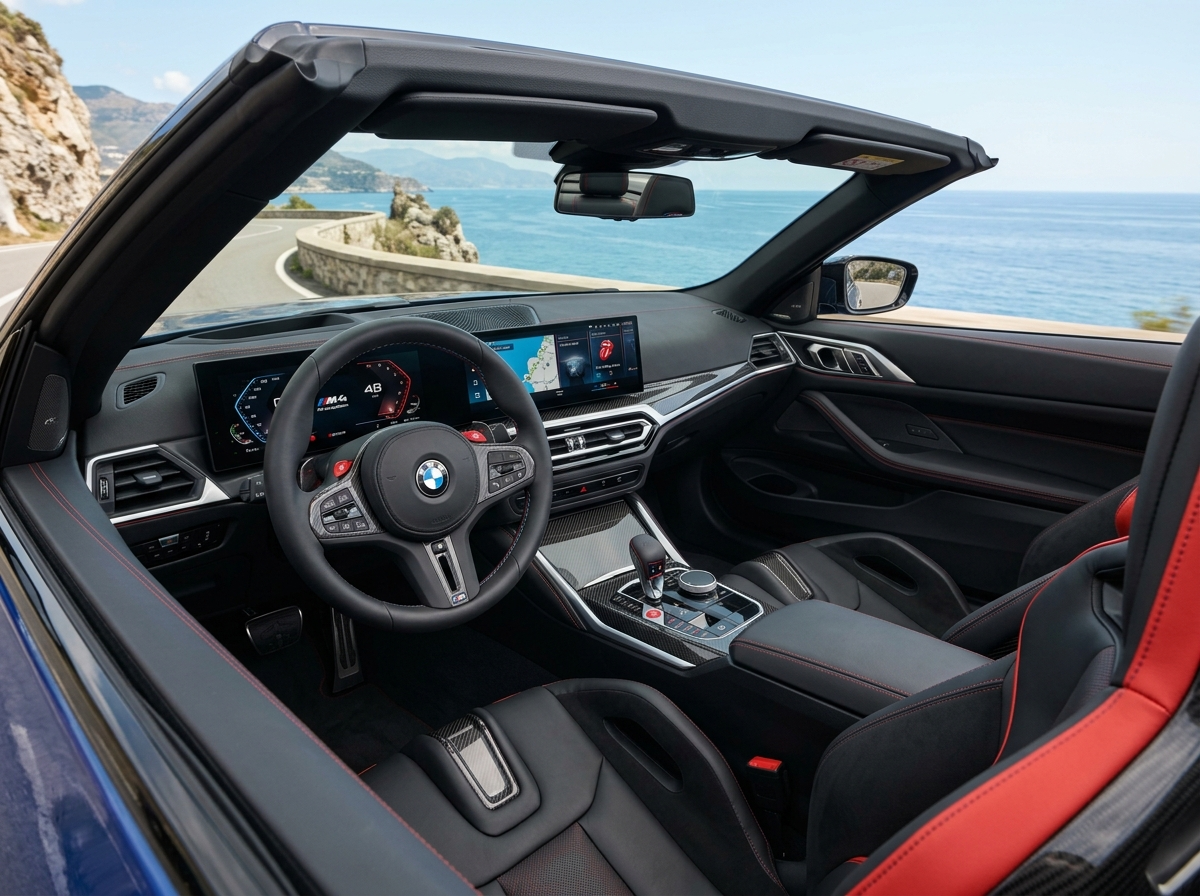 2024 BMW M4 Competition Convertible M cockpit red stitching and carbon fiber trim