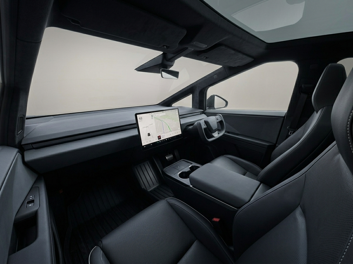 2024 Tesla Cybertruck interior minimalist screen dashboard and vegan seating